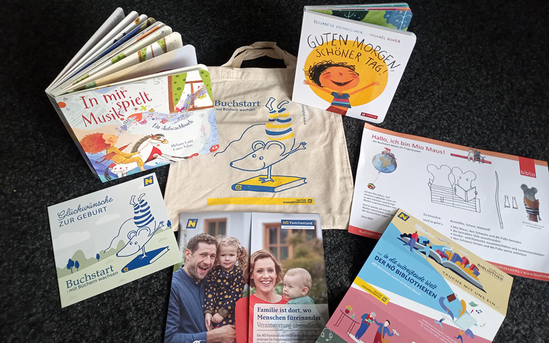 Das Foto zeigt die Buchstart-Tasche und ihren Inhalt.